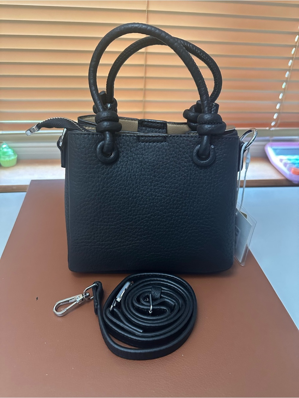 Classic Black Leather Top-Handle Crossbody Bag
